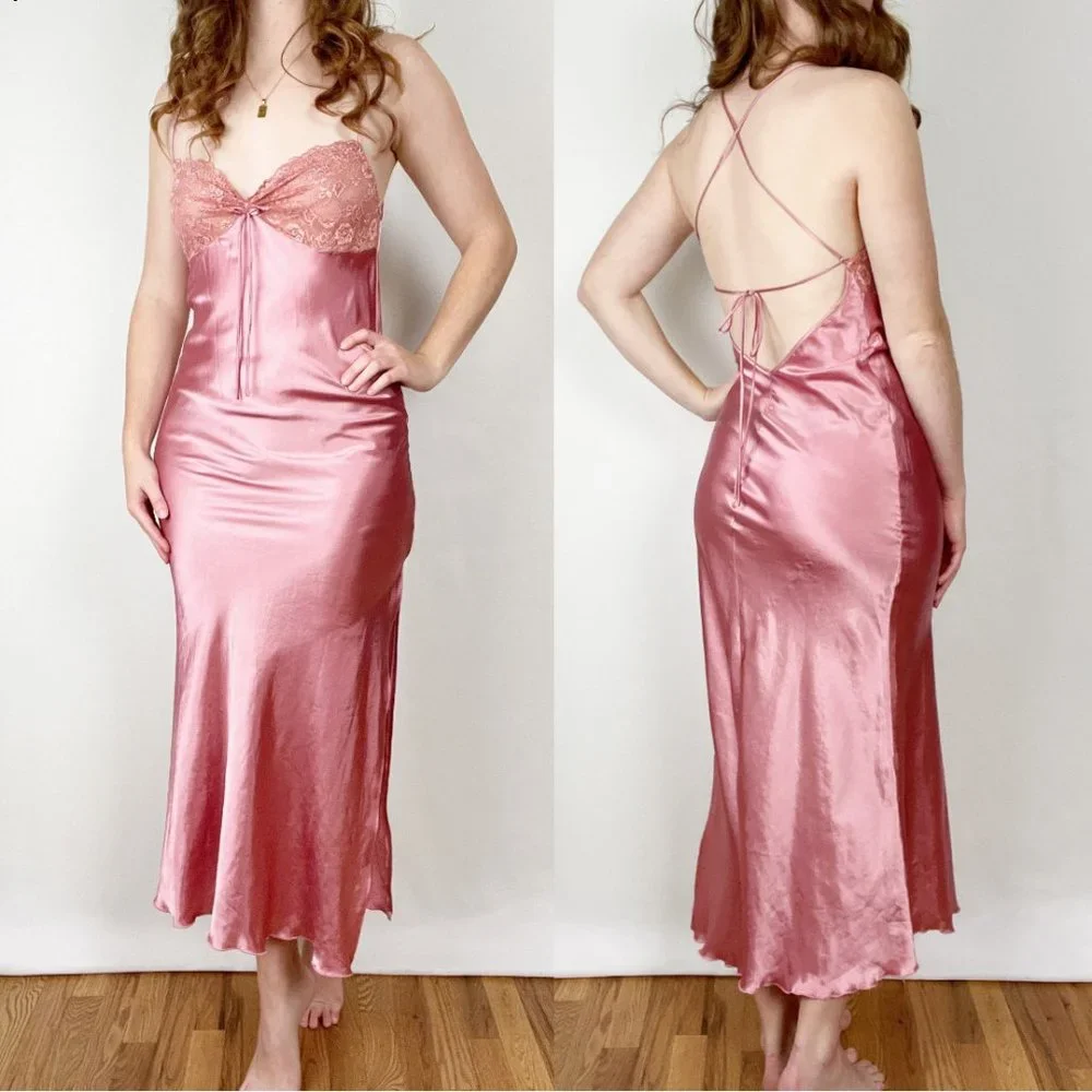 Vintage Slip Dress Lace Silky Sexy Low Open Back Slits Midi Maxi Chemise Barbie - Picture 1 of 5